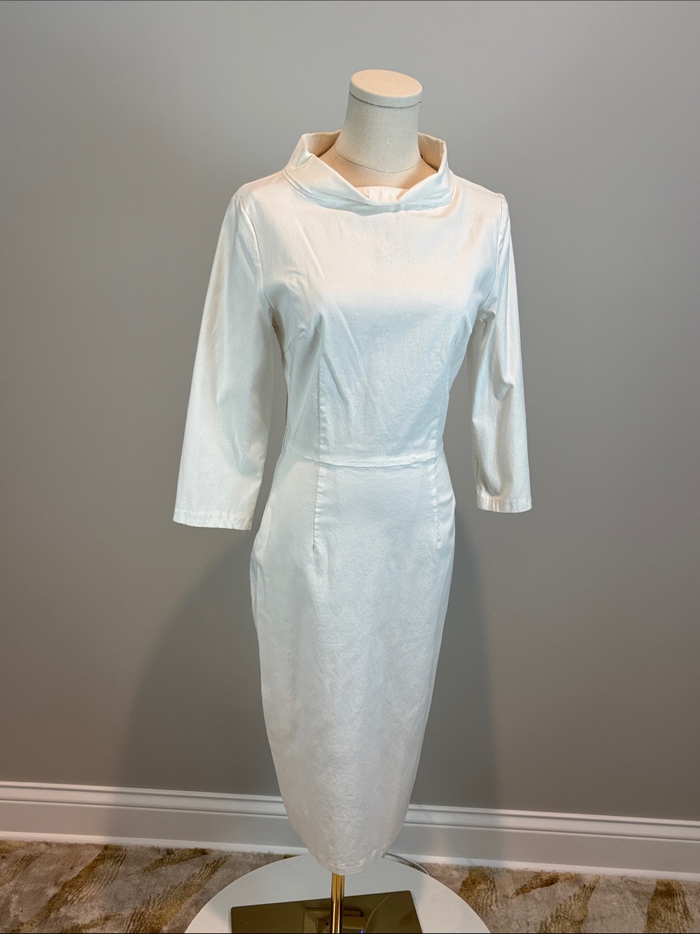 Elegant Cream Long-Sleeve Dress with Draped Funnel Neck